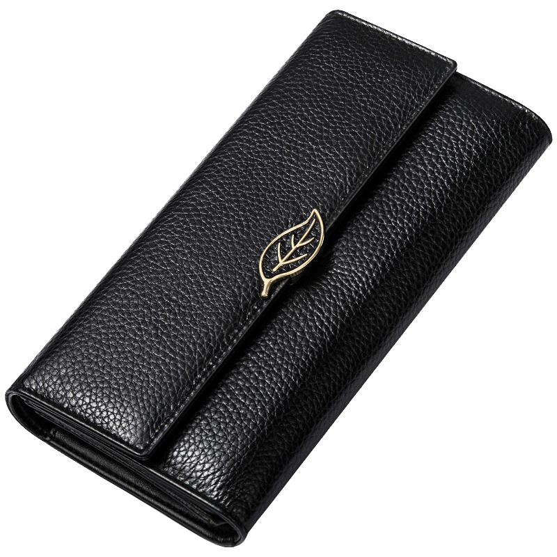 Lychee Pattern First Layer Cowhide Women's Long Wallet - Black - Women's Wallet - Carvan Mart