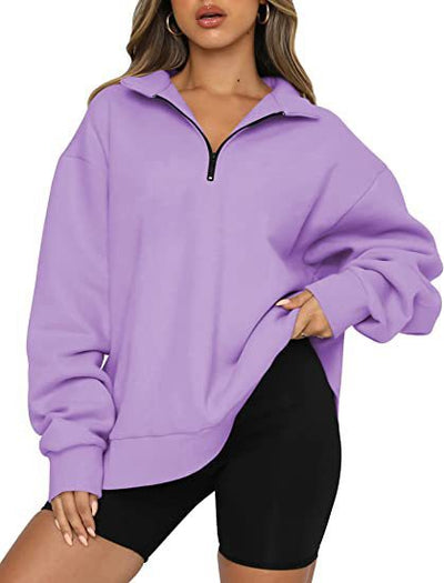 Women Sweatshirts Zip Turndown Collar Loose Casual Tops Clothes - Carvan Mart