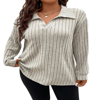 Stylish Women's Blouses Plus Size Top V-shaped Lapel Long Sleeve Sunken Stripe Brushed T-shirt - Carvan Mart