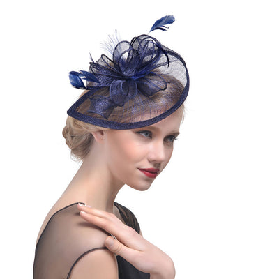 Fascinator Hat Hemp Yarn Banquet Net Top Hat Bridal Feather Hat - Navy Blue - Women's Hats & Caps - Carvan Mart