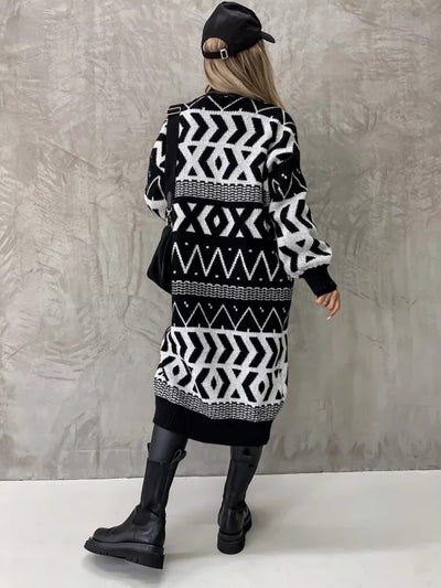 Trendy Long Black and White Cardigan Sweater for Women - Stylish Winter Knitwear - - Sweaters - Carvan Mart