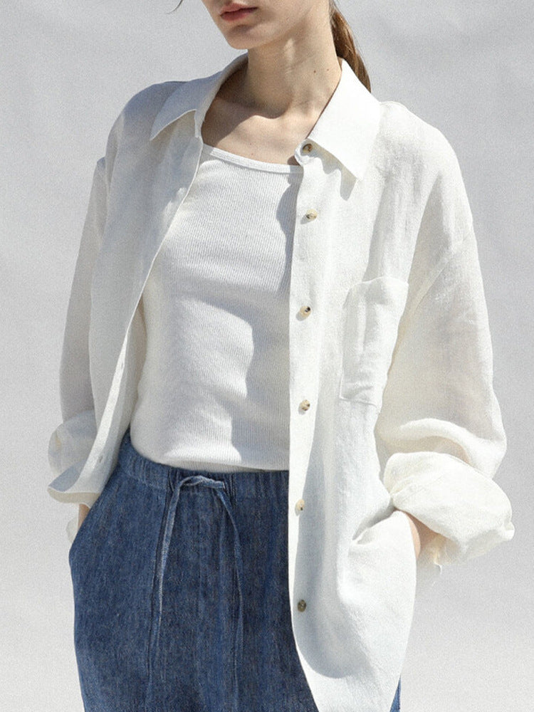 Pure Linen Shirt Turn-down Collar Coat Women - Carvan Mart