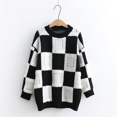 Women's Fashion Casual Chessboard Knitted Pullover Sweater - - Sweaters - Carvan Mart