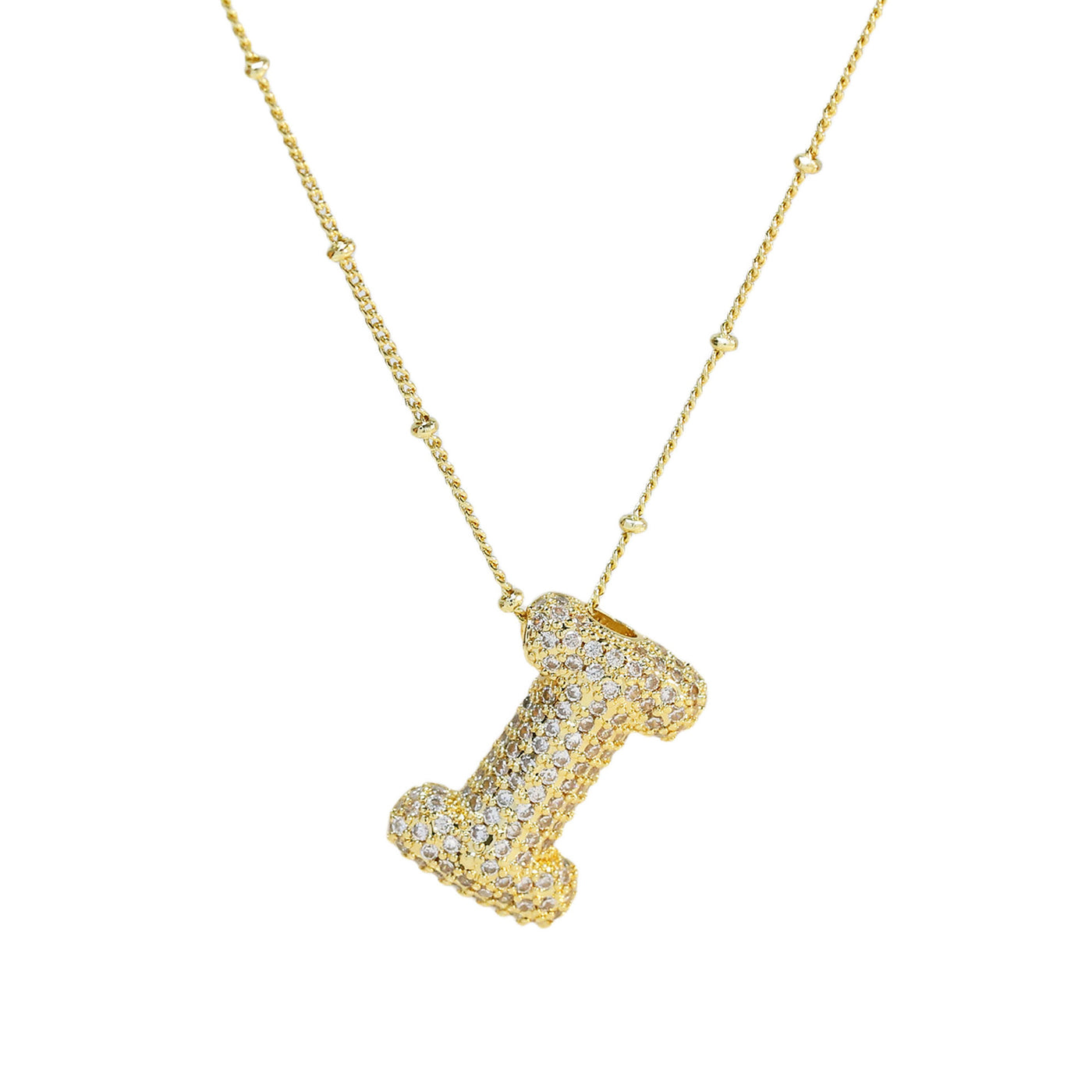 Brass Zircon Bubble Balloon Letter Pendant Necklace For Women - Gold I - Necklaces - Carvan Mart