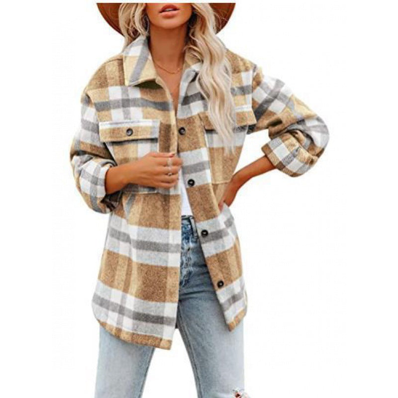 Women's Fashionable Woolen Plaid Shirt Jacket - Carvan Mart