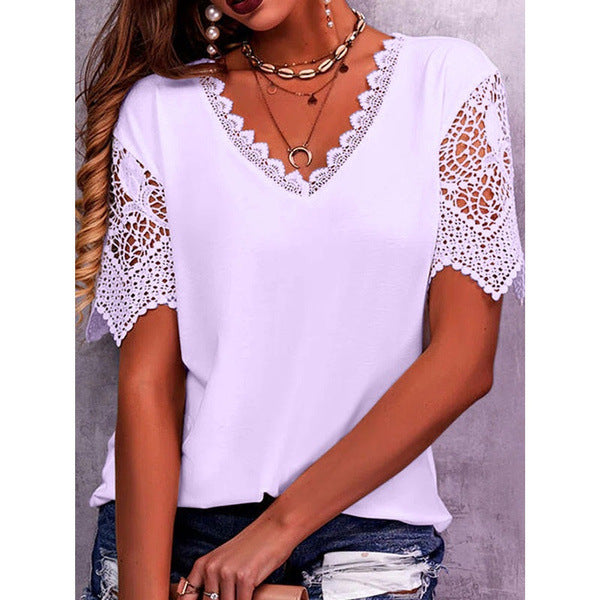 Lace Tops Women Summer Loose V Neck Short Sleeve Casual Shirts - Carvan Mart