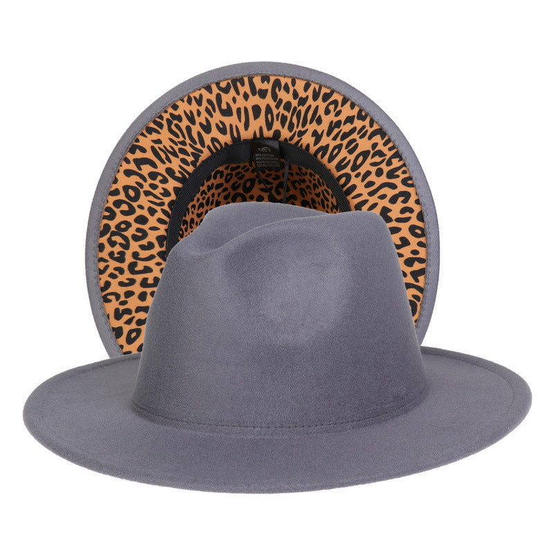 Double-sided Color-blocking Leopard Print Woolen Fedora Hat - Carvan Mart