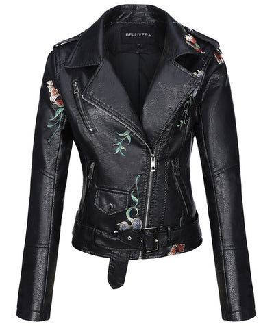 Gulshan Flowers Embroidery PU Leather Jacket Women - Black - Leather & Suede - Carvan Mart