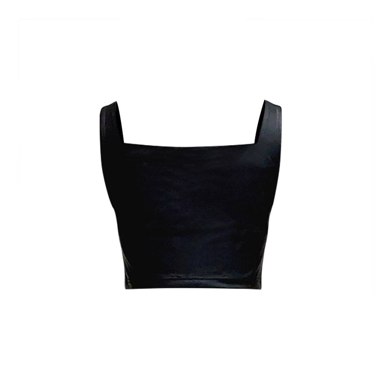 Women's Tank Top Leather Texture V Neck Sleeveless Sling - Black - Winter Tops - Carvan Mart