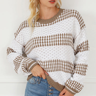 Women's Casual Loose Round Neck Contrast Knitwear Sweater - Carvan Mart