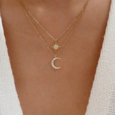 Women's S925 Sterling Silver Double Layer Twin Diamond Star And Moon Necklace - Carvan Mart