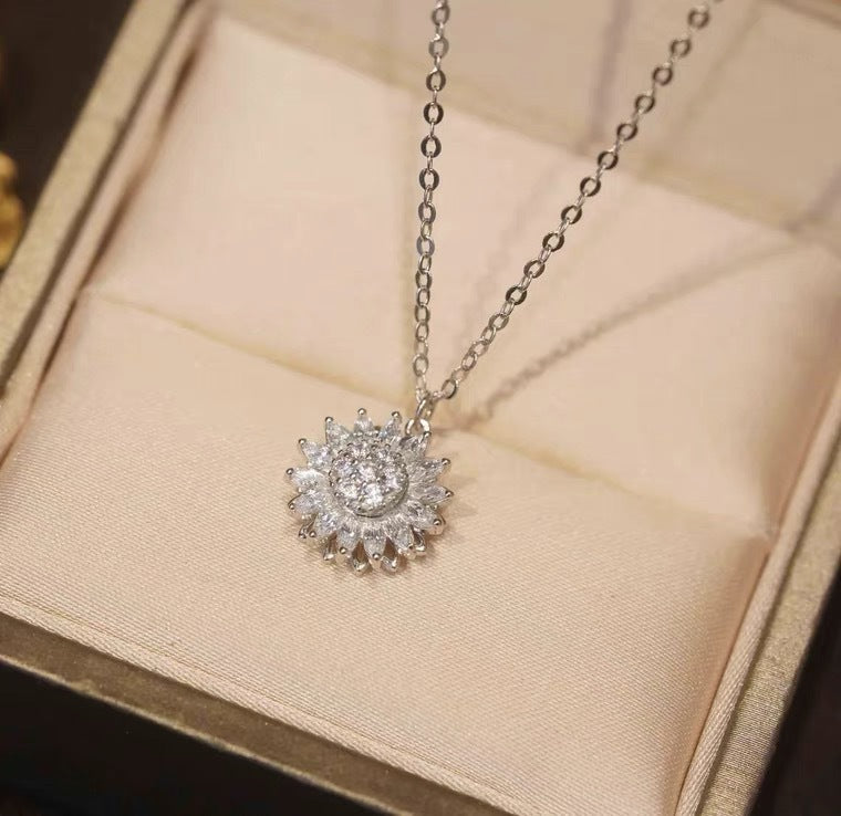 Rotatable Sunflower Necklace Full Of Diamonds Necklace - Silver 1PC - Necklaces - Carvan Mart