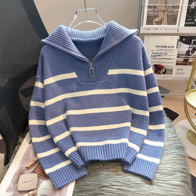 Korean Style Loose Fashion Zipper Striped Sweater - Blue Free Size - Sweaters - Carvan Mart