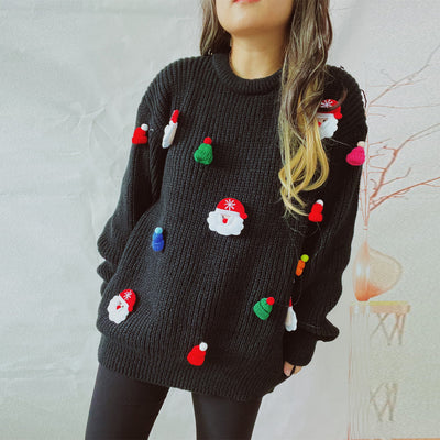 Women's Cute Fashion Santa Claus Three-dimensional Round Neck Long Sleeve Sweater - - Sweaters - Carvan Mart