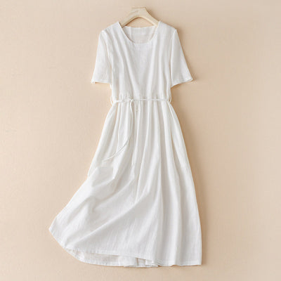 Women's Cotton And Linen Midi Dress - White - Women's Linen - Carvan Mart