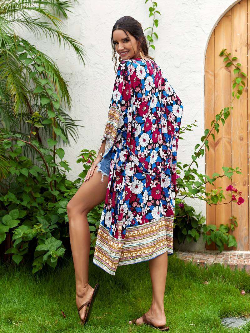 Bohemian Beach Dress Cover Up For Beach Floral Print Kimono Women Dress - - Dresses - Carvan Mart