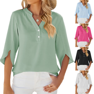 Button V-neck Mid-sleeve Chiffon Shirt Women's Solid Color Top - Carvan Mart