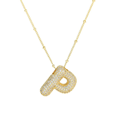 Brass Zircon Bubble Balloon Letter Pendant Necklace For Women - Gold P - Necklaces - Carvan Mart