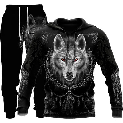 3D Wolf Print Tracksuit Men Sportswear Hooded Sweatsuit Two Piece Outdoors Running Fitness Mens Clothing Jogging Set - Carvan Mart