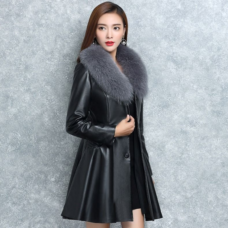 Women's Faux Fox Fur Collar Coat Leather Parka Coat - Black - Leather & Suede - Carvan Mart