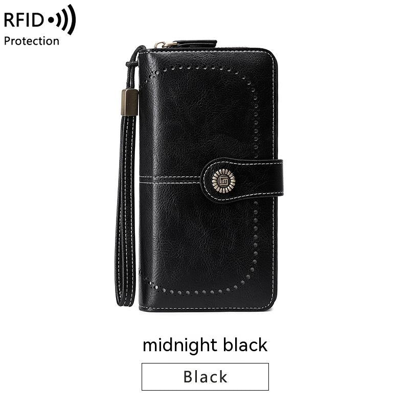 RFID Anti-magnetic Wallet Long Zipper Women's Large-capacity Handbag - Midnight Black - Women's Wallet - Carvan Mart