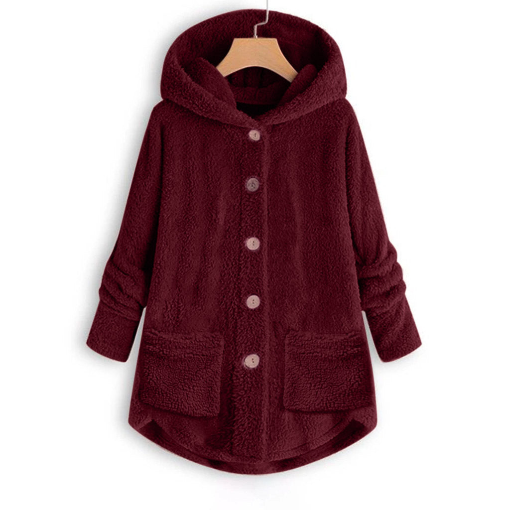 Hooded Plush Women's Cardigan Irregular Fleece Winter Top - Wine Red - Women's Coats & Jackets - Carvan Mart