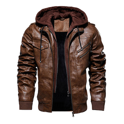 Men Hooded Leather Jacket Thick Motorcycle Windproof Casual Winter Jacket - - Genuine Leather - Carvan Mart