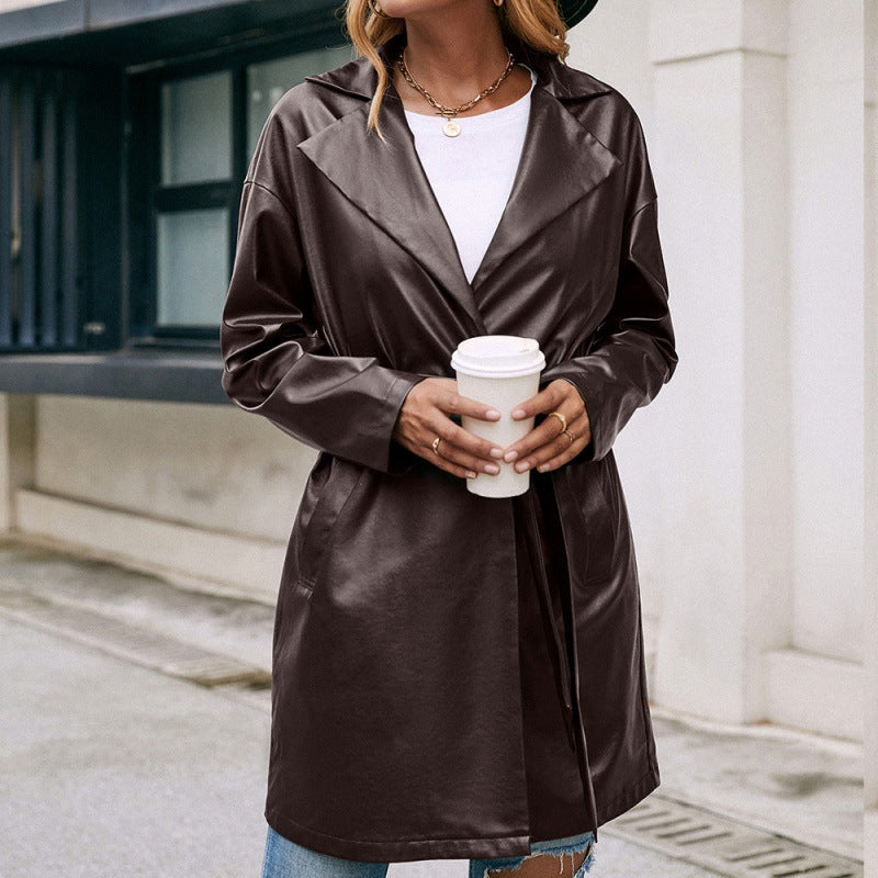 Women's Leather Trench Coat Mid-length Leather Jacket - Carvan Mart