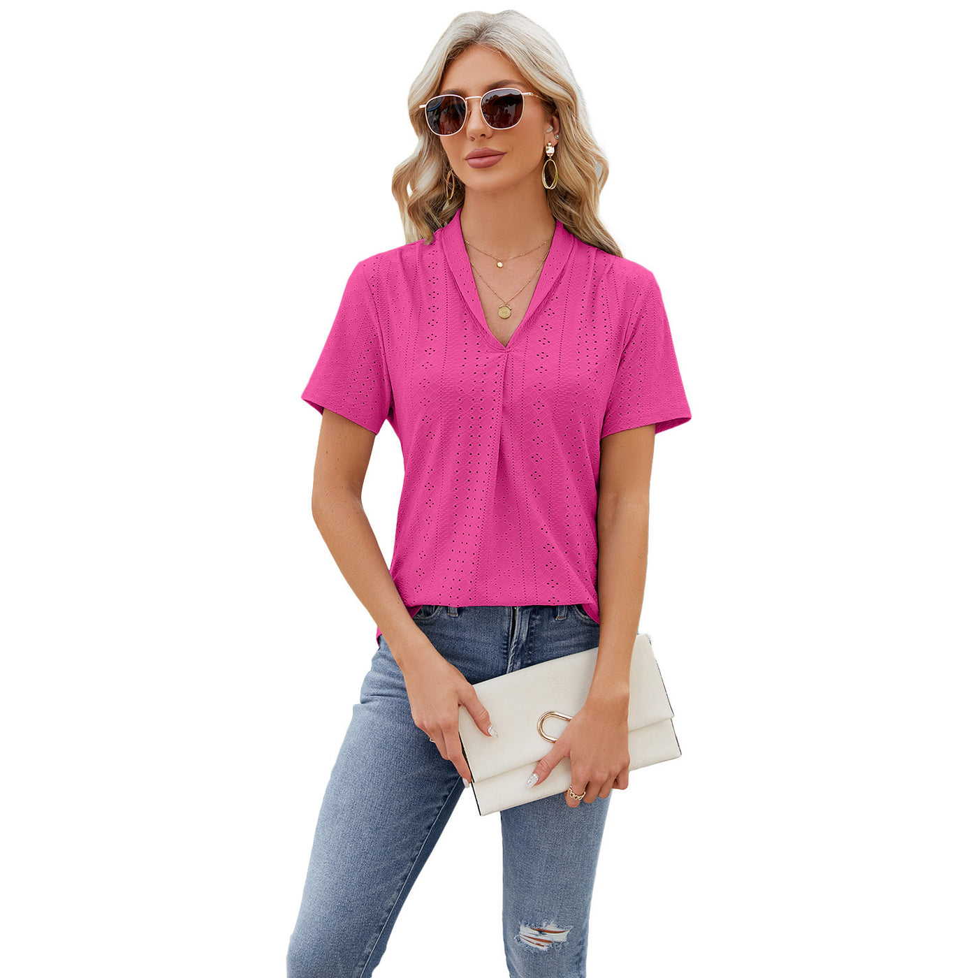 V-neck Hollow T-shirt Women's Summer Loose Short-sleeve Top - Barbie Pink - Blouses & Shirts - Carvan Mart