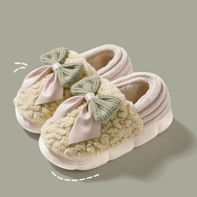 Women's Cozy Bowknot Slippers - Fleece-Lined Indoor House Shoes - Green - Women's Slippers - Carvan Mart