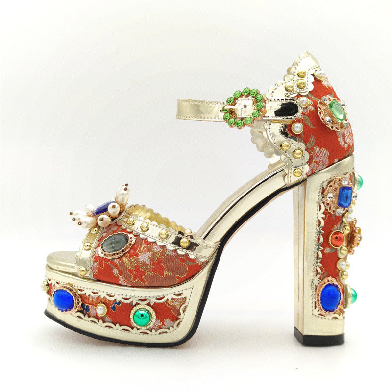 Platform High Heels Vintage Rhinestone Leather Women's Wedding Sandals - Red - High Heels - Carvan Mart