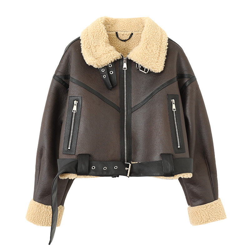Shearling-Lined Women's Leather Coat Short Versatile Thickened Jacket - Coffee - Leather & Suede - Carvan Mart