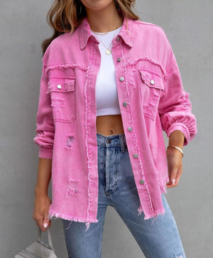 Women's Oversized Frayed Lightweight Denim Jacket Button Down Ripped Distressed Jean Shacket - Rose Red - Women's Coats & Jackets - Carvan Mart