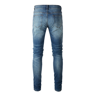 Leather Patching, Slimming, Worn-out Washed Jeans For Men - Carvan Mart