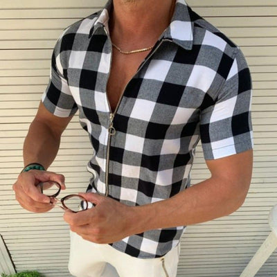 Plaid T Shirt Mens Zipper Short Sleeve Shirts Summer Men Clothing - Carvan Mart