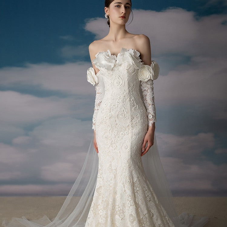 Elegant Lace Mermaid Romantic Wedding Dress - Vintage Long Sleeve Bridal Gown - Carvan Mart