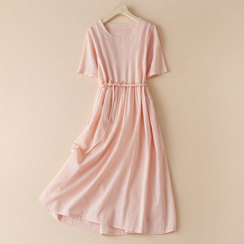 Women's Cotton And Linen Midi Dress - Pink - Women's Linen - Carvan Mart