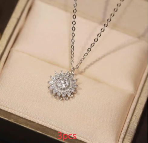 Rotatable Sunflower Necklace Full Of Diamonds Necklace - Silver 3PCS - Necklaces - Carvan Mart