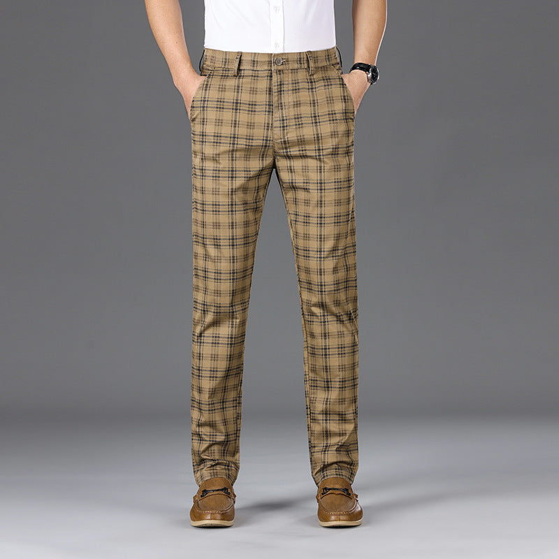 Trendy Plaid Straight Leg Elastic Casual Pants for Men and Women - Khaki - Men's Pants - Carvan Mart