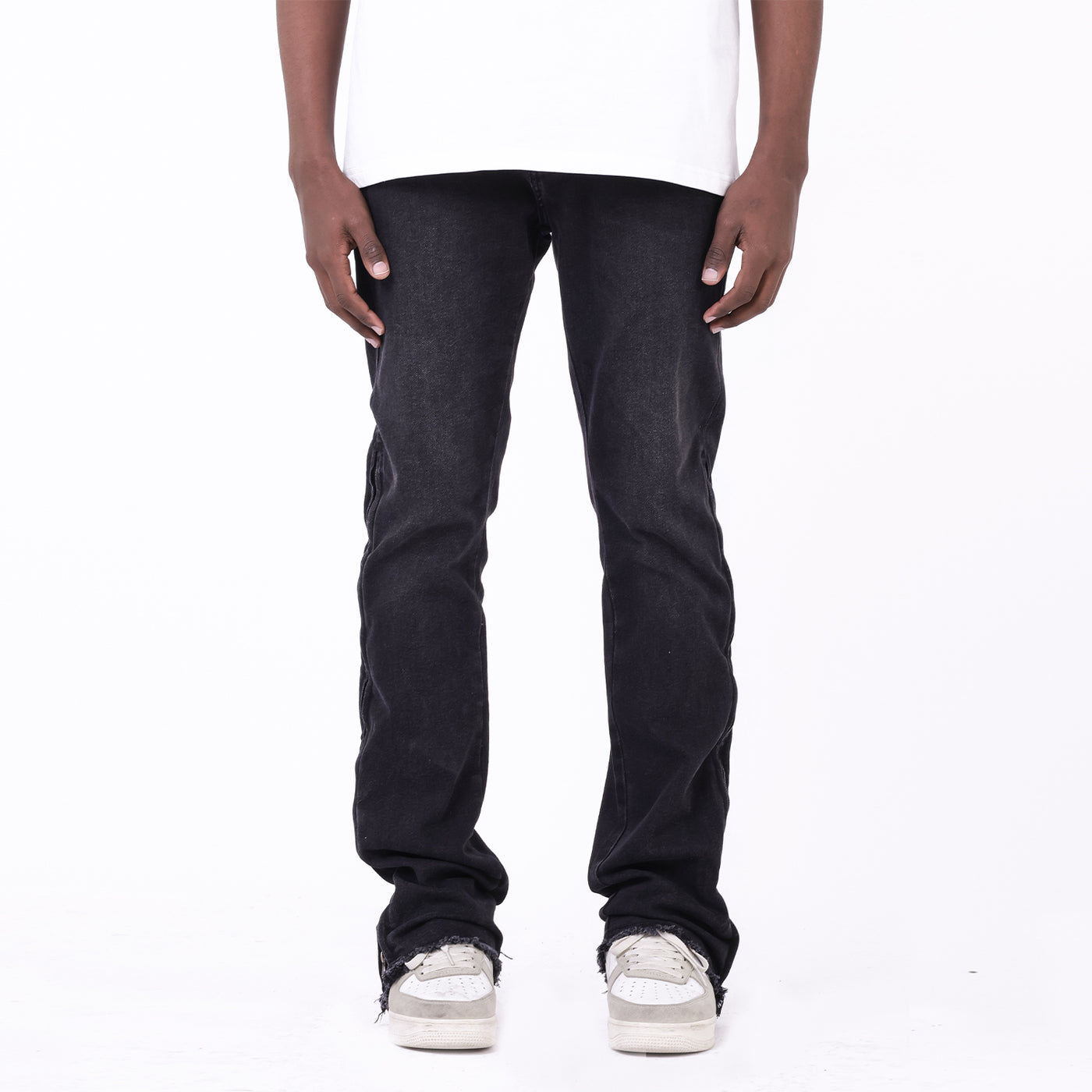 Straight Tube Raw Edge Side Zipper Design Jeans - Black - Men's Jeans - Carvan Mart