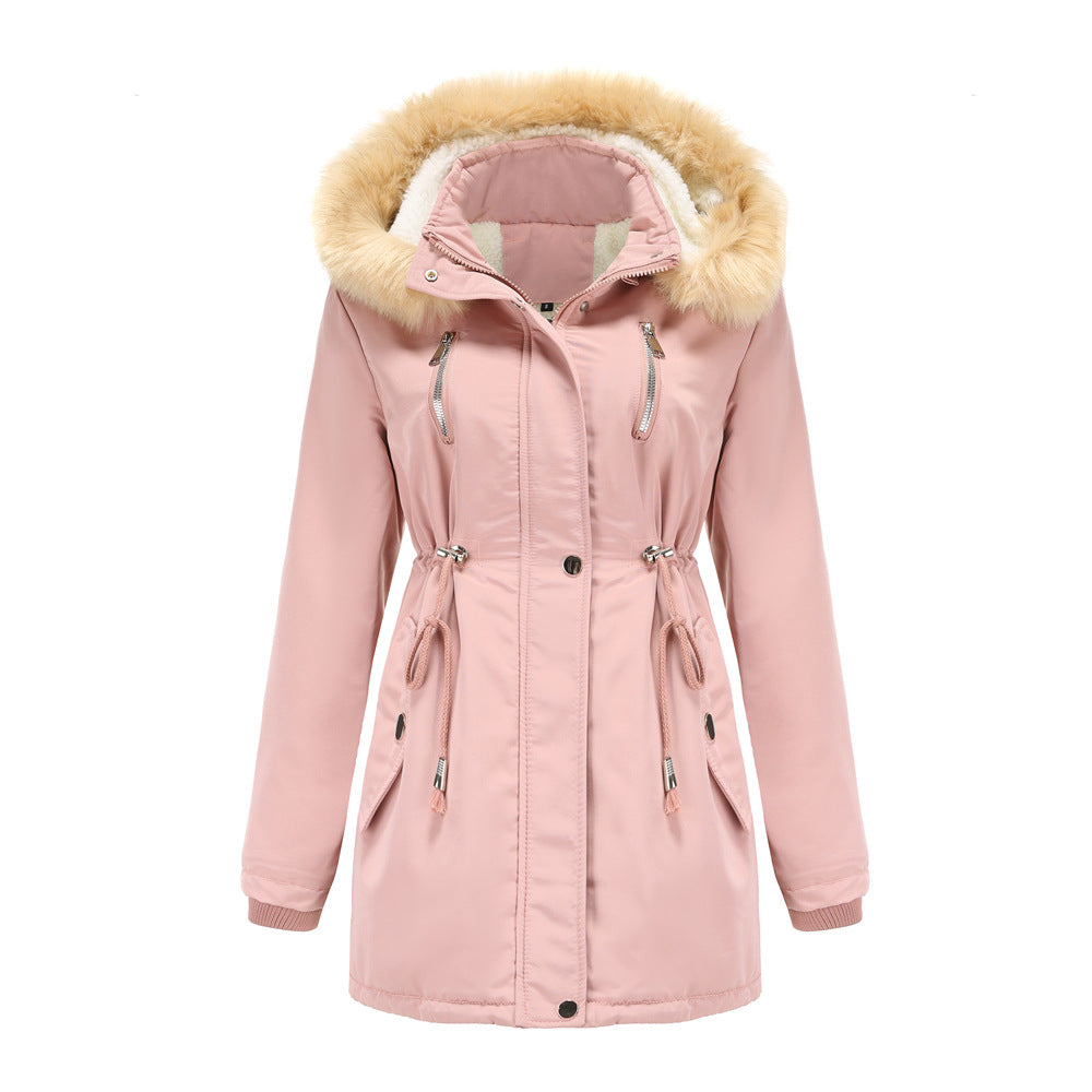 Hooded Women's Leather Parka Coat Lamb Velvet Cotton Padded Jacket - Pink - Leather & Suede - Carvan Mart