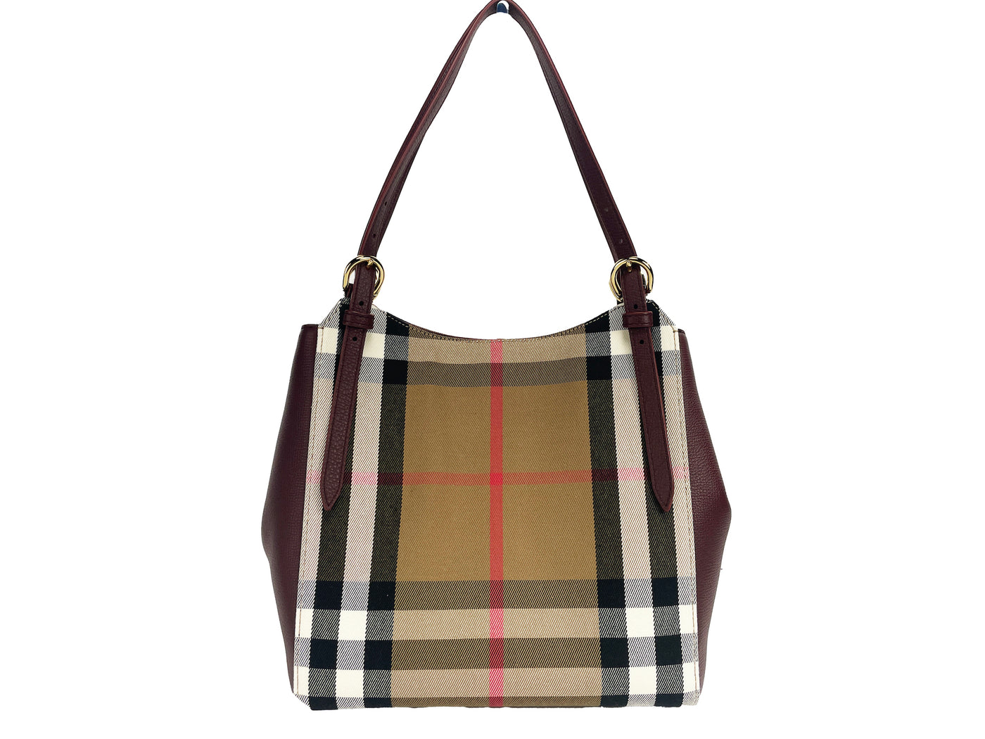 Burberry Small Canterby Mahogany Leather Check Canvas Tote Bag Purse - Brown - - Burberry