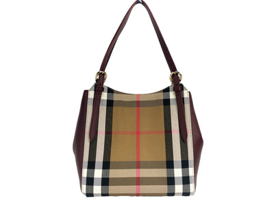 Burberry Small Canterby Mahogany Leather Check Canvas Tote Bag Purse - Brown - - Burberry