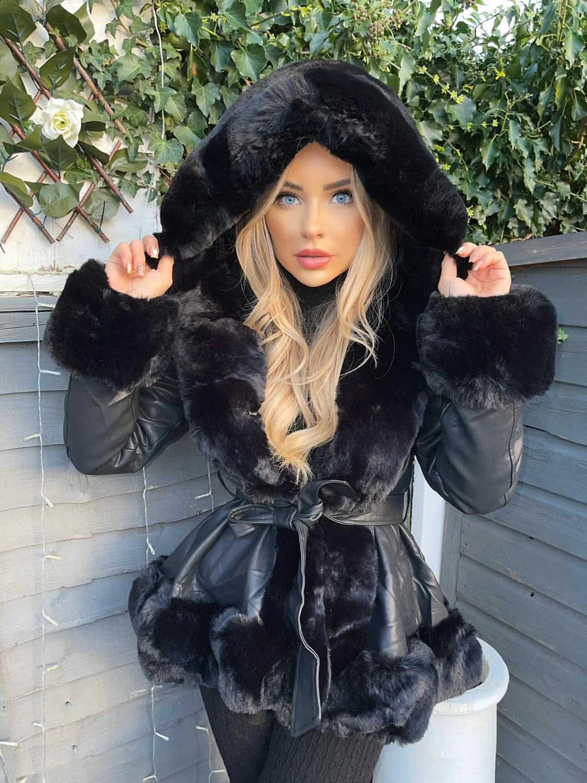 Women’s Lillie Belted Fur Hooded Coat - Black - Women's Coats & Jackets - Carvan Mart