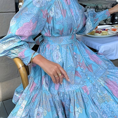 Plus Size Boho Dress Women's Plus Floral Print Print Contrast Lace Button Decor Lantern Sleeve High Neck Smock Dress With Belt - Blue - Dresses - Carvan Mart