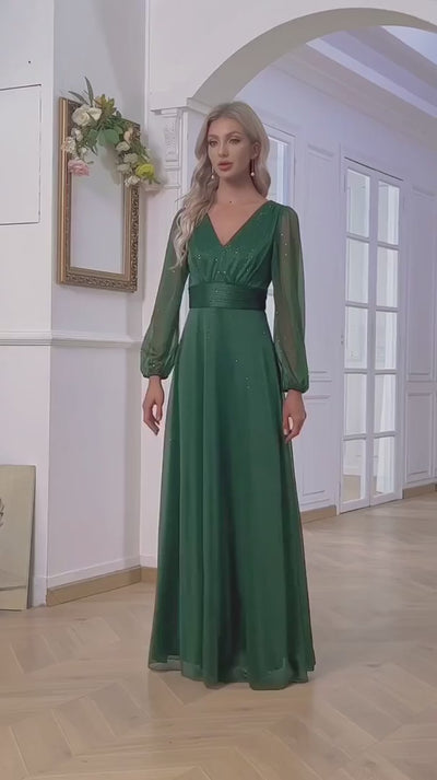 Robe de soirée élégante en mousseline de soie brillante, col en V, ligne A, robe de demoiselle d'honneur de mariage, robe de soirée