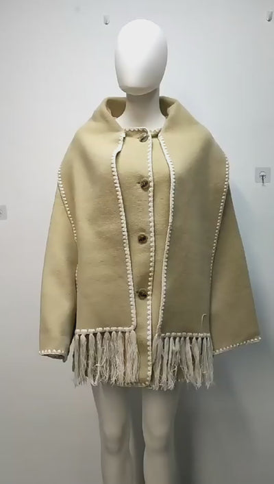 Abrigo de lana para mujer con bufanda y borlas, chaqueta informal de oficina para mujer
