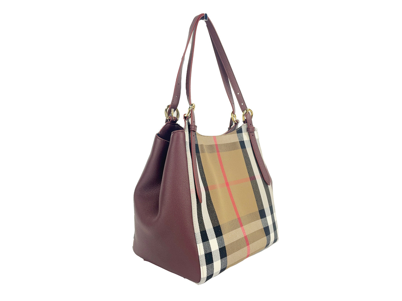 Burberry Small Canterby Mahogany Leather Check Canvas Tote Bag Purse - - - Burberry